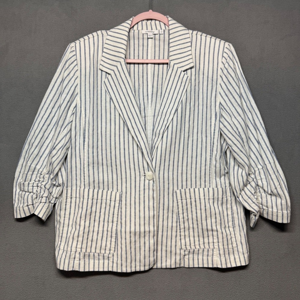 Chicos Linen Blend Striped Ruched Sleeve Blazer L White Blue Coastal Chic Travel